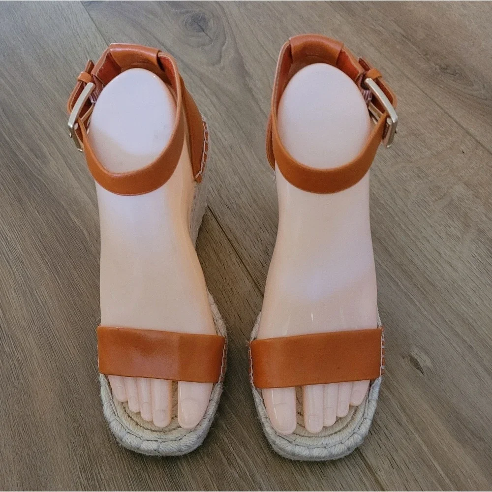 Vince Camuto Meddrina Leather Apricot Straps Jute Espadrille Wedges‎